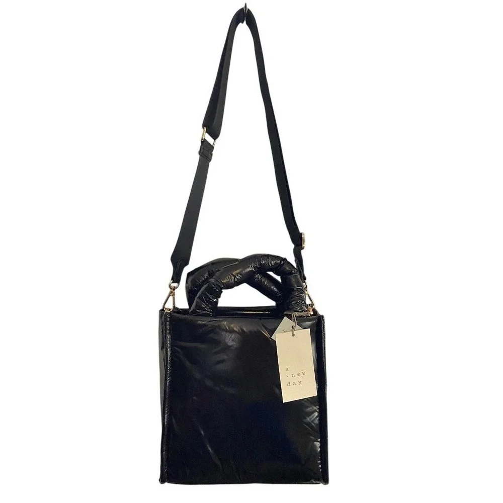 A New Day Satchel Handbag Womens Medium Black Puffer Detachable Strap